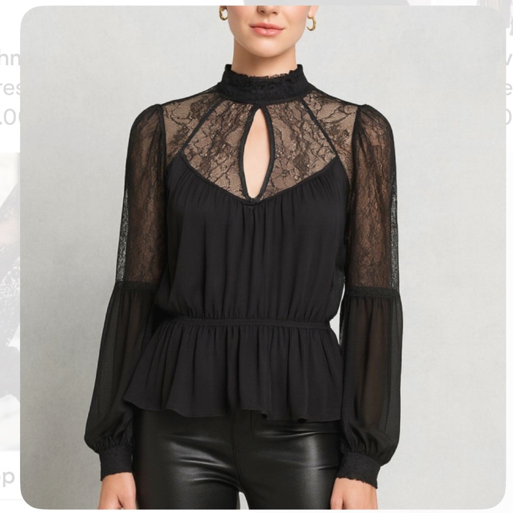 🖤 Express Black Lace & Sheer Keyhole Peplum Blouse 🖤 - Picture 1 of 13